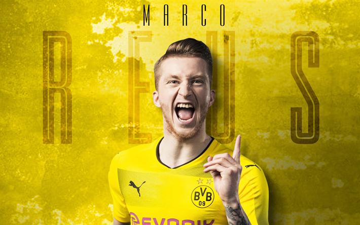 O Borussia Dortmund, Marco Reus, arte, rosto, retrato, fundo amarelo, Futebolista alem&#227;o, BVB, Bundesliga, Alemanha