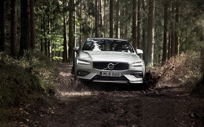 Volvo V60 Cross Country, 2018, 4k, vista frontal, carrinha, branco novo V60, Sueco de carros, madeira, fora-de-estrada, V60 D4 AWD, Volvo