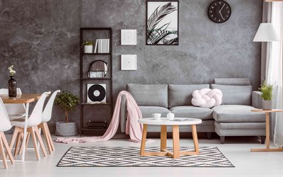 stylish lounge, loft style, modern interior design, gray wall, gray living room
