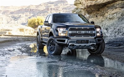 Ford F-150 Raptor, new black SUV, off-road, river, mountains, new black F-150, tuning, American cars, Ford