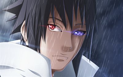 Sasuke Uchiha, rain, manga, heterochromia, portrait, Naruto