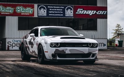 Dodge Challenger, white sports coupe, black wheels, tuning Challenger, American sports cars, white camouflage, Dodge