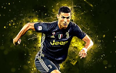 Cristiano Ronaldo, portuguese footballer, black uniform, Juventus FC, abstract art, soccer, Serie A, Ronaldo, CR7, neon lights, CR7 Juve, Bianconeri
