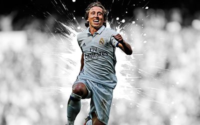 Luka Modric, 4k, konst, Real Madrid, mittf&#228;ltare, Kroatiska fotbollsspelare, vita st&#228;nk av f&#228;rg, grunge konst, Ligan, Spanien, fotboll