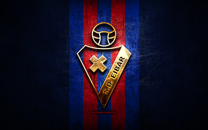 SD Eibar, altın logo, UEFA Şampiyonlar Ligi, mavi metal arka plan, futbol, Eibar FC, İspanyol futbol kul&#252;b&#252; olan Eibar logo, LaLiga, İspanya