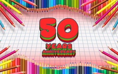 4k, الذكرى 50 علامة, الملونة وأقلام الرصاص الإطار, الذكرى مفهوم, الأحمر متقلب الخلفية, الذكرى ال50, الإبداعية, 50 عاما الذكرى