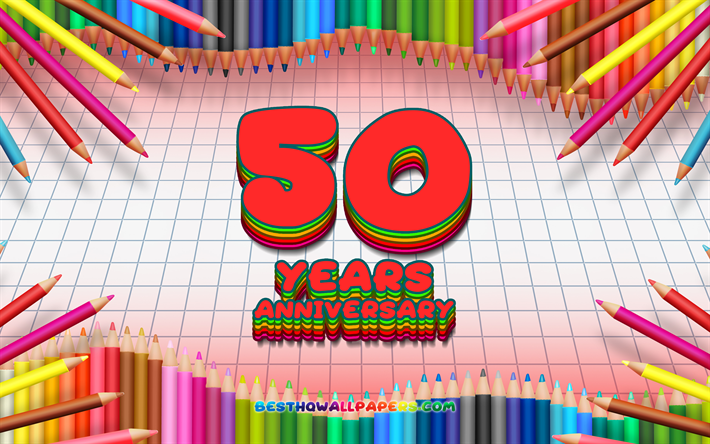 4k, 創立50周年記念サイン, 色鉛筆をフレーム, コンセプト, 赤のチェッカーの背景, 創立50周年記念, 創造, 50周年記念