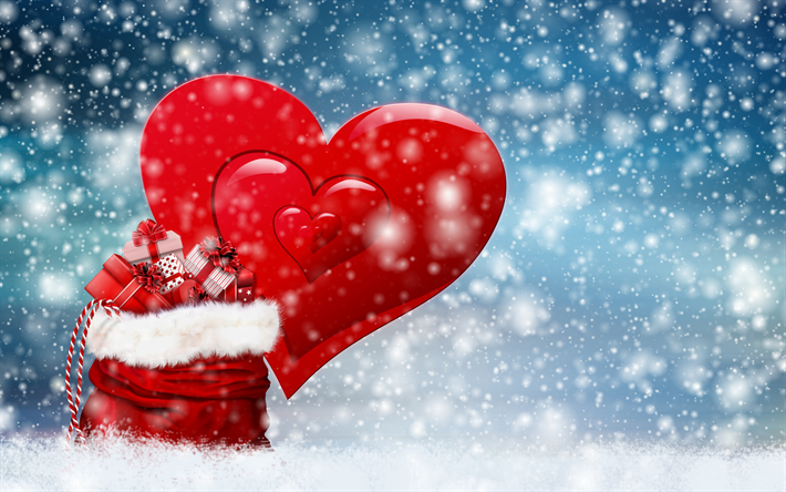 حقيبة حمراء من سانتا كلوز, المناظر الطبيعية في فصل الشتاء, عيد الميلاد, الهدايا في كيس, سنة جديدة سعيدة, قلب أحمر