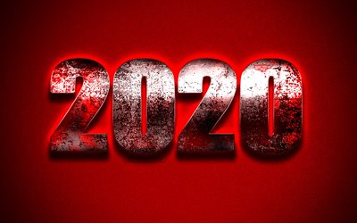 2020 New Year, Red 2020 background, metal letters, Grunge 2020 Red Background, Happy New Year, 2020 concepts