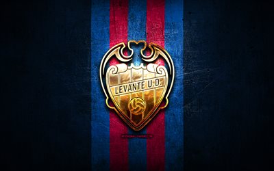 Levante UD, golden logo, La Liga, blue metal background, football, Levante FC, spanish football club, Levante logo, soccer, LaLiga, Spain