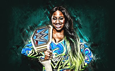 Naomi, American wrestler, portrait, blue background, WWE, Trinity McCray, creative art, USA