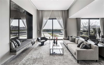 elegante grigio interni, soggiorno, arredamento di design, soggiorno di progetto, in stile moderno, interno, grigio marmo davanzale della finestra, in marmo grigio pavimento, davanzale divano