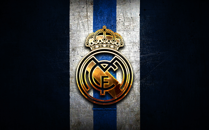 Real Madrid CF, golden logo, La Liga, blue metal background, football, Real Madrid FC, spanish football club, Real Madrid logo, soccer, LaLiga, Spain