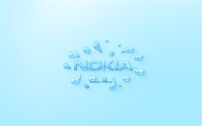Nokia logo, water logo, emblem, blue background, Nokia logo made of water, creative art, water concepts, Nokia