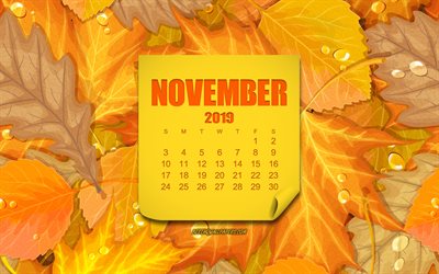 Novembre 2019, Calendario, Al Giallo Delle Foglie Di Sfondo, Autunno, Sfondo, Novembre, Creativo, Sfondo Giallo, 2019 Calendario Di Novembre