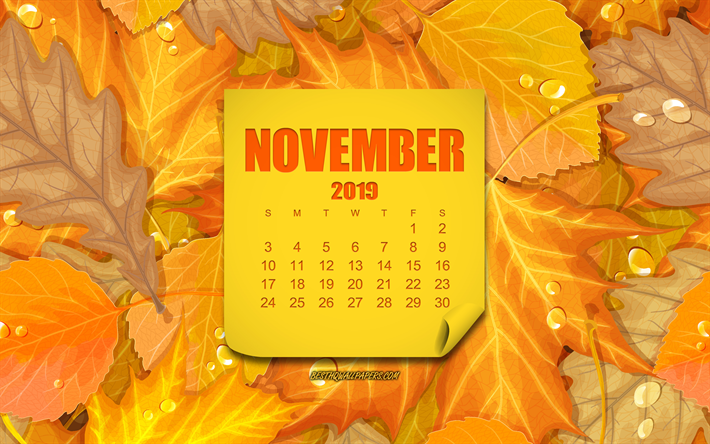 November 2019 Calendar, Yellow Leaves Background, Autumn Background, November, Calendar, Creative Yellow Background, 2019 November Calendar