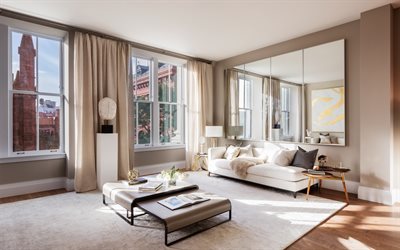 elegante dise&#241;o interior, sala de estar, dise&#241;o interior moderno, de color beige sala de estar de dise&#241;o, de estilo Americano, un gran espejo en la pared en la sala de estar, Nueva York Apartamentos