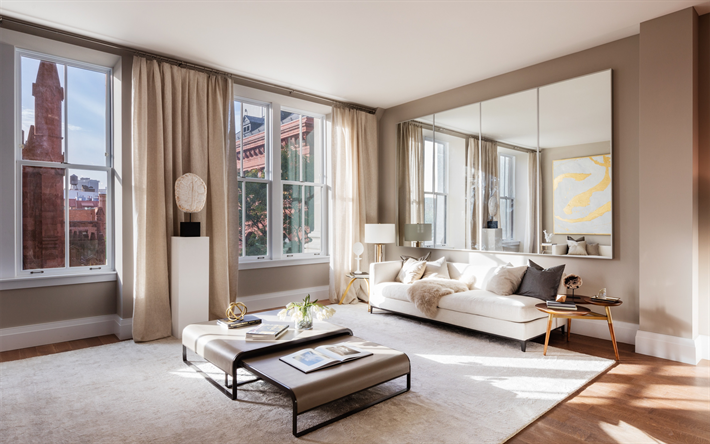 elegante design di interni, salotto, arredamento di design, beige disegno soggiorno, stile Americano, un grande specchio sulla parete in salotto, Appartamenti a New York