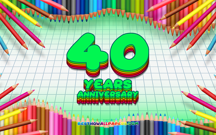 4k, 40 &#176; anniversario segno, colorato, matite telaio, Anniversario, concetto, verde, sfondo a scacchi, 40 &#176; anniversario, creativo, 40 Anni