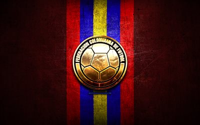 Colombia National Football Team, golden logo, South America, Conmebol, red metal background, Colombian football team, soccer, FCF logo, football, Colombia