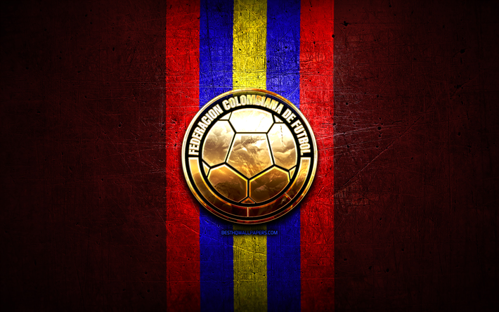 Colombia Landslaget, golden logotyp, Sydamerika, Conmebol, red metal bakgrund, Colombiansk fotboll, fotboll, FCF logotyp, Colombia