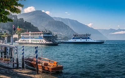 Lago Como, belo lago, barcos a vapor, ver&#227;o, paisagem de montanha, Bellagio, It&#225;lia
