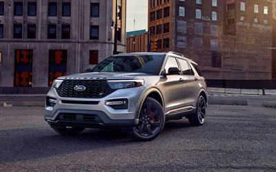 Ford Explorer ST, 2020, exterior, front view, new silver Explorer, luxury SUV, american cars, Ford
