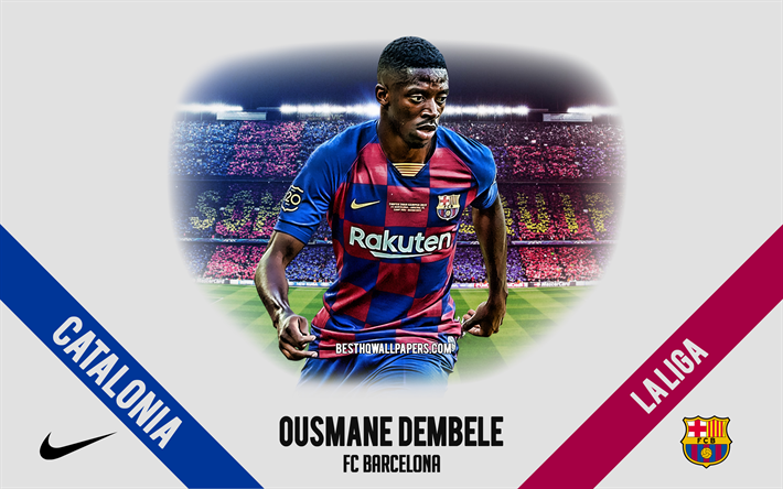 Ousmane Dembele, FC Barcelona, portre, Fransız futbolcu, forvet, 2020 Barcelona forması, UEFA Şampiyonlar Ligi, İspanya, FC Barcelona 2020, futbol, Camp Nou, futbolcular