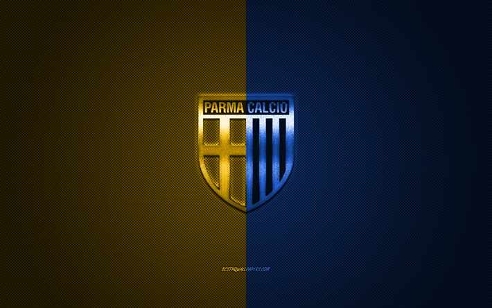 Parma Fotboll 1913, Italiensk fotboll club, Serie A, gul bl&#229; logo, gul bl&#229; kolfiber bakgrund, fotboll, Parma, Italien, Parma logotyp