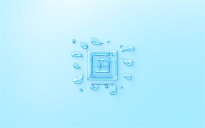 OnePlus logo, water logo, emblem, blue background, OnePlus logo made of water, creative art, water concepts, OnePlus