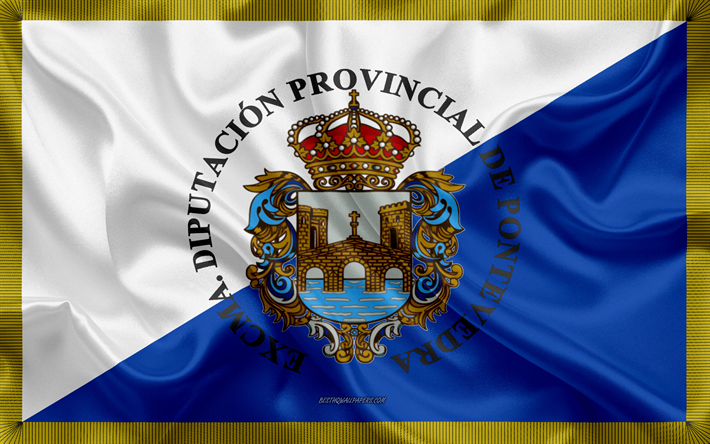 Pontevedra Bandiera, 4k, texture di seta, seta bandiera, spagnolo provincia di Pontevedra, Spagna, Europa, Bandiera di Pontevedra, bandiere delle province spagnole
