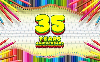 4k, 35e anniversaire de signer, color&#233; des crayons cadre, Anniversaire concept, jaune &#224; carreaux de fond, 35e anniversaire, cr&#233;atif, 35 Ans Anniversaire