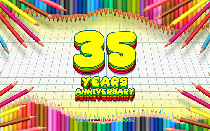 4k, 創立35周年記念サイン, 色鉛筆をフレーム, コンセプト, 黄色のチェッカーの背景, 創立35周年記念, 創造, 35周年記念