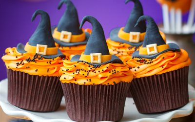 Halloween cupcakes, orange cream, sweets, pastries, cupcakes, Halloween