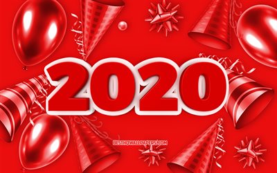 2020 3d-bakgrund, Gott Nytt &#197;r 2020, Red 2020 bakgrund, gratulationskort, Red 2020 ballonger bakgrund, 2020 begrepp, 2020 Nytt &#197;r