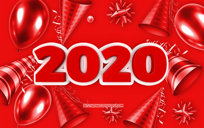 2020 3d de fundo, Feliz Ano Novo 2020, Vermelho 2020 plano de fundo, cart&#227;o de sauda&#231;&#227;o, Vermelho 2020 bal&#245;es de fundo, 2020 conceitos, 2020 Ano Novo