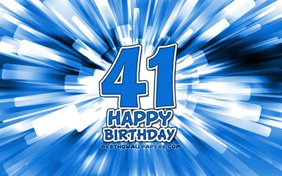 Happy 41st birthday, 4k, blue abstract rays, Birthday Party, creative, Happy 41 Years Birthday, 41st Birthday Party, 41st Happy Birthday, cartoon art, Birthday concept, 41st Birthday