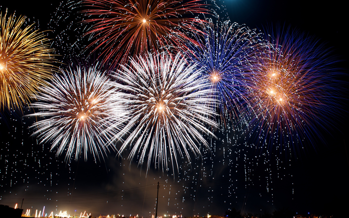 fuegos artificiales, noche, cielo, explosiones en el cielo, d&#237;a de fiesta con fuegos artificiales