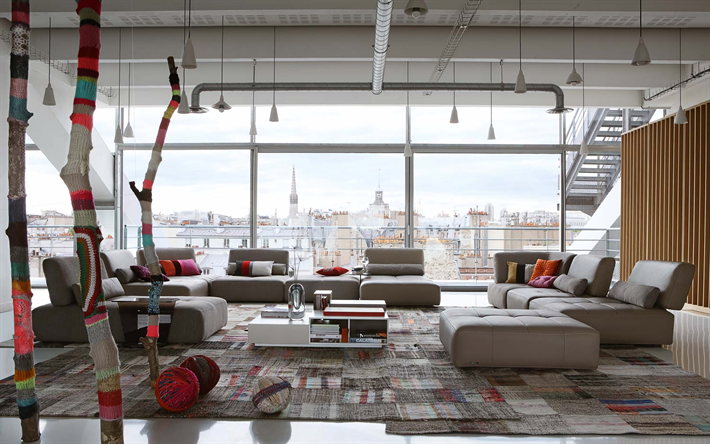 elegante appartamento di design, soggiorno, grigio interni di marmo bianco, in appartamento, soggiorno di progetto