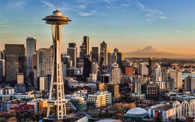 Seattle Space Needle, torre de observaci&#243;n, puesta de sol, noche, rascacielos, paisaje de la ciudad de Seattle, Washington, estados UNIDOS