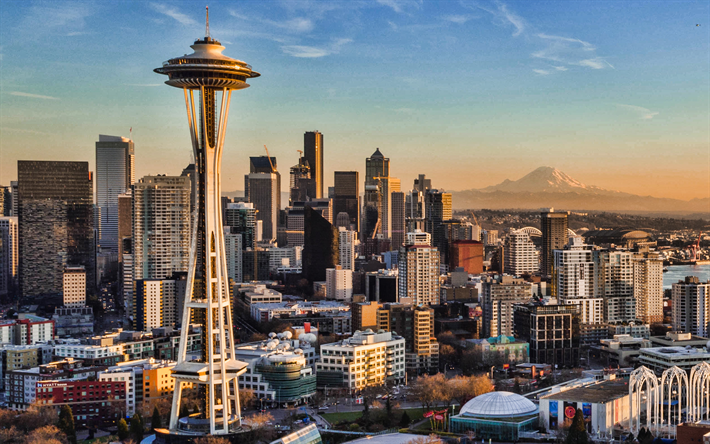 Seattle, Space Needle, n&#228;k&#246;torni, sunset, illalla, pilvenpiirt&#228;ji&#228;, Seattle kaupunkikuvaan, Washington, USA