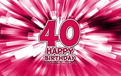 Happy 40th birthday, 4k, purple abstract rays, Birthday Party, creative, Happy 40 Years Birthday, 40th Birthday Party, 40th Happy Birthday, cartoon art, Birthday concept, 40th Birthday