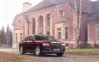 Aurus Senat, 2019, exterior, luxury Russian car, front view, new burgundy Senat, Aurus