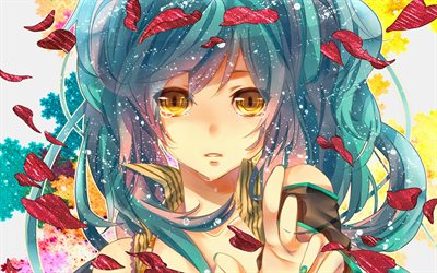 Hatsune Miku, girl with yellow eyes, Vocaloid Characters, kimono, night, manga, Vocaloid, Miku Hatsune