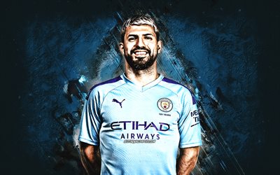 Sergio Aguero, Manchester City FC, portrait, blue stone background, Premier League, football, England, Sergio Leonel Ag&#252;ero del Castillo