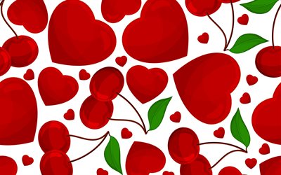 hearts with cherries, 4k, red hearts background, hearts textures, love concepts, hearts backgrounds
