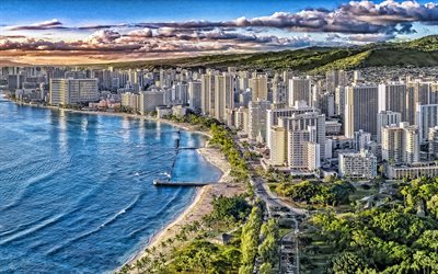 Honolulu, Waikiki Beach, illalla, sunset, amerikkalainen kaupunki, Honolulu kaupunkikuvaan, Hawaii, USA