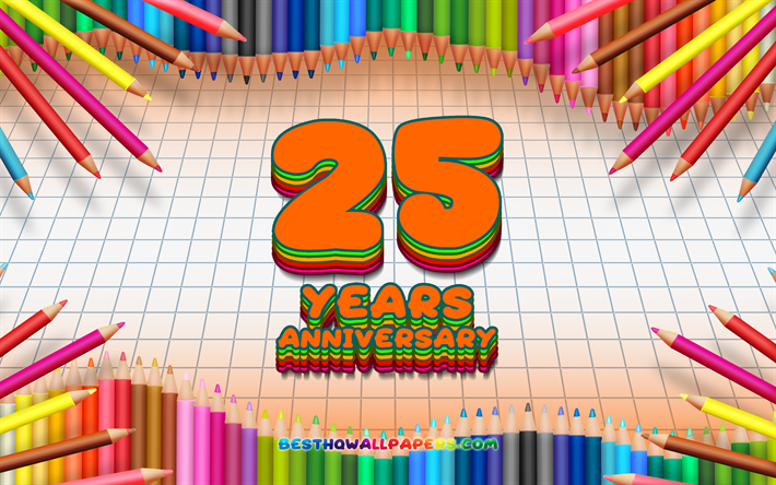 4k, 25周年記念サイン, 色鉛筆をフレーム, コンセプト, オレンジチェッカーの背景, 25周年記念, 創造