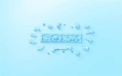 Sony logo, water logo, emblem, blue background, Sony logo made of water, creative art, water concepts, Sony
