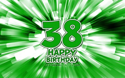 Felice compleanno 38, 4k, verde, astratto raggi, Festa di Compleanno, creativo, Lieto di 38 Anni, Compleanno, 38 &#176; Festa di Compleanno, 38 &#176; Compleanno Felice, cartone animato l&#39;arte, il concetto di Compleanno, Compleanno 38